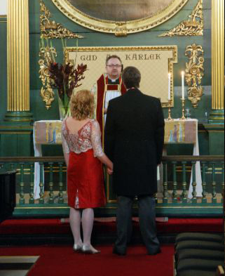 bespoke vintage red and white wedding dress